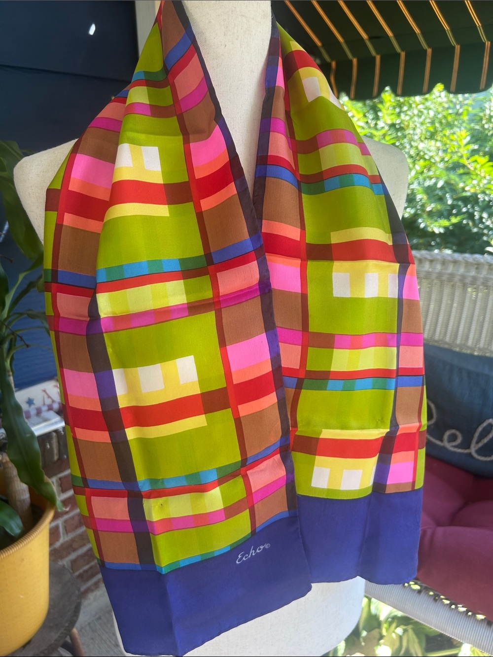 Vintage Echo Multicolor Plaid Silk Scarf
